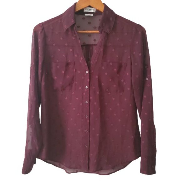 Express Women's Wine Red Slim Dotted Sheer Roll Tab Sleeve Portofino Shirt S/P - Picture 4 of 15